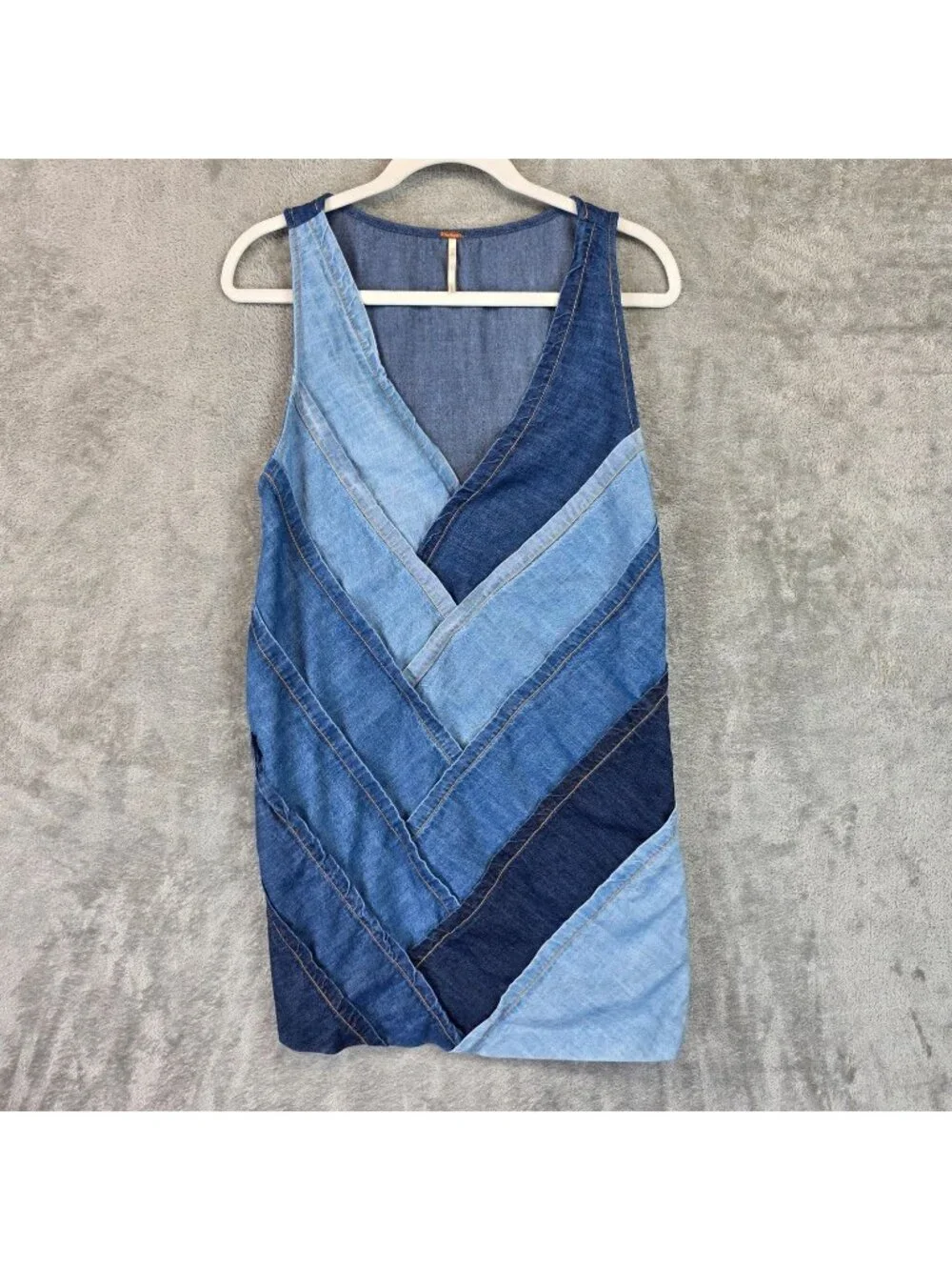 Free People Dress Womens S Blue Denim Colorblock V Neck Sleeveless Shift Mini